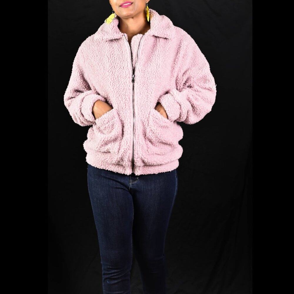 Elodie Teddy Jacket Pink Faux Shearling Pastel Zip Front Fuzzy Sherpa Size Small